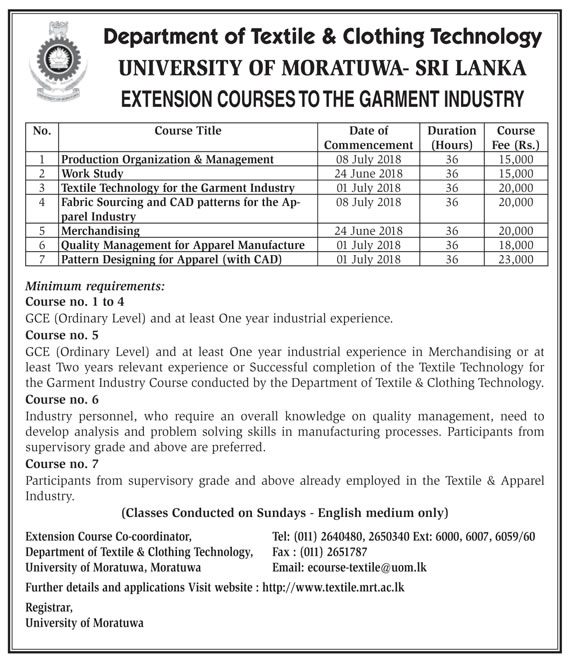 Extension Courses to the Garment Industry - Department of Textile & Clothing Technology - University of Moratuwa